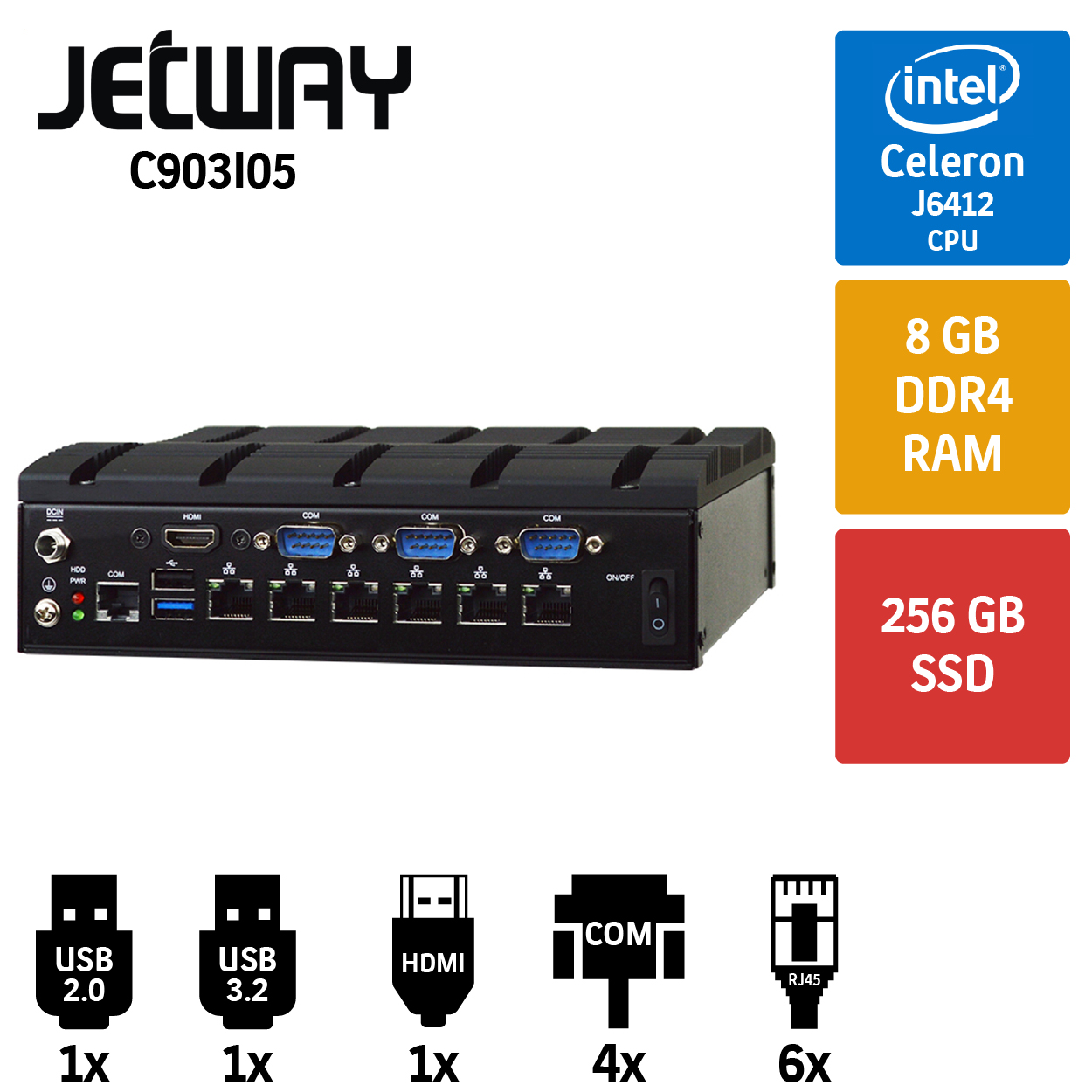 Pc489 Jetway WAVE C903I05 Intel Celeron J6412 8GB Ram 256GB SSD 6 Port 2.5GbE ...
